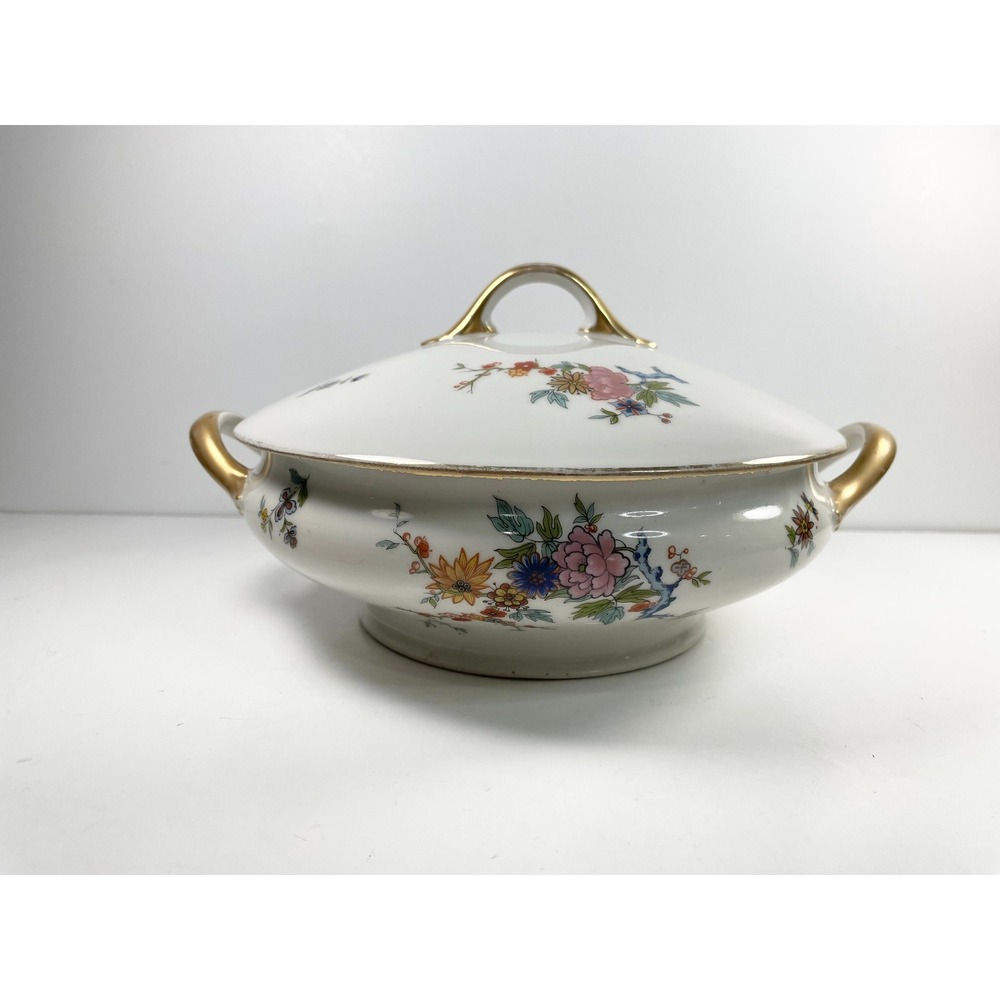 Vintage French Porcelain Tureen,‎ Floral Design, Gold Trim
